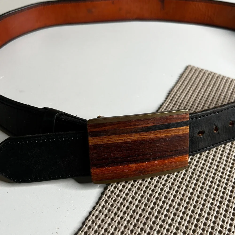 Kenneth Reid Albuquerque Black Leather Belt Exotic Wood Inlay Buckle Artisan
